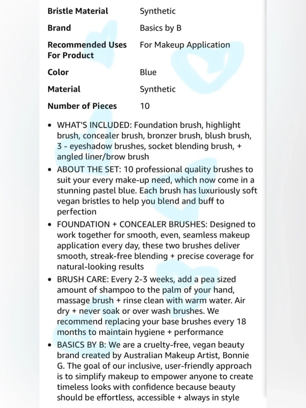 Basics by B - Luxury Vegan Makeup Brush Set Professional, Soft Bristles